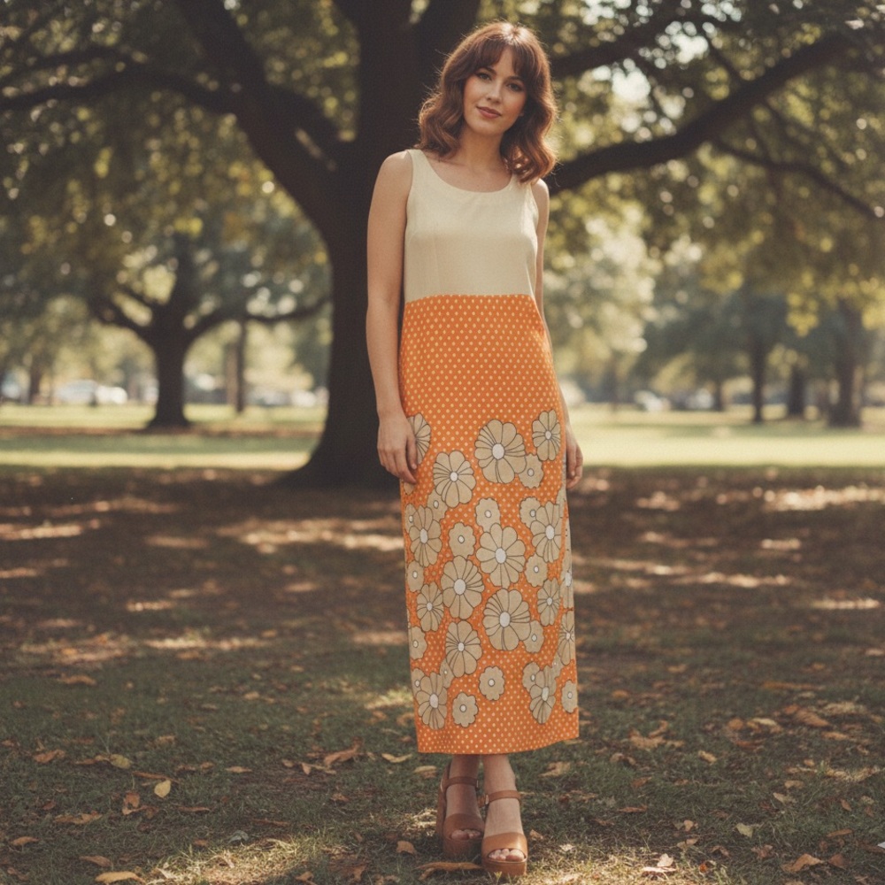 Vintage 70s Daisy Print Maxi Dress Orange Floral Boho Prairie Hippie Gown S/M